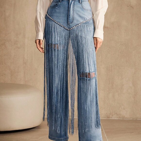 Blue Party Women's Heavy Fringe Diamond Straight Leg Jeans - Picture 5 of 7